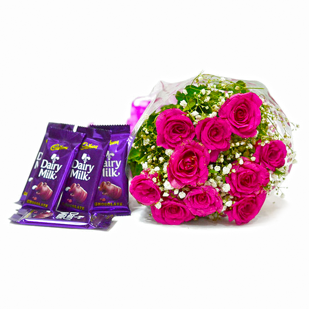 Bunch of Ten Pink Roses with Five Cadbury Dairy Milk Chocolate Bars