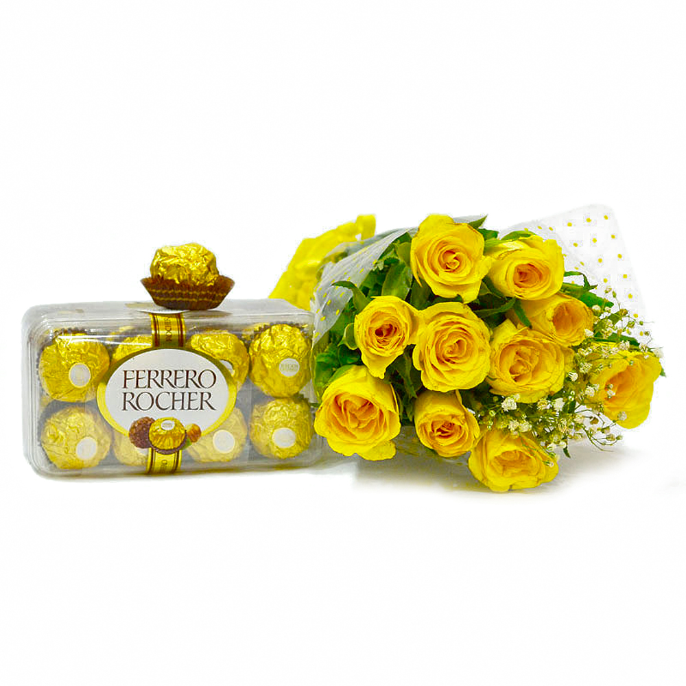 Hand Tied Bunch of Yellow Roses with Ferrero Rocher Imported Chocolate Box