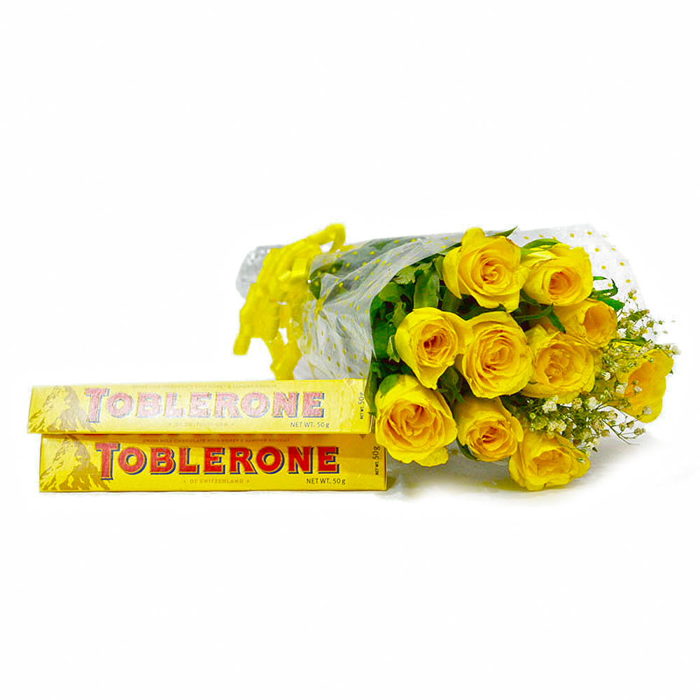 Hand Tied Bunch of Ten Yellow Roses with Toblerone Chocolate Bars