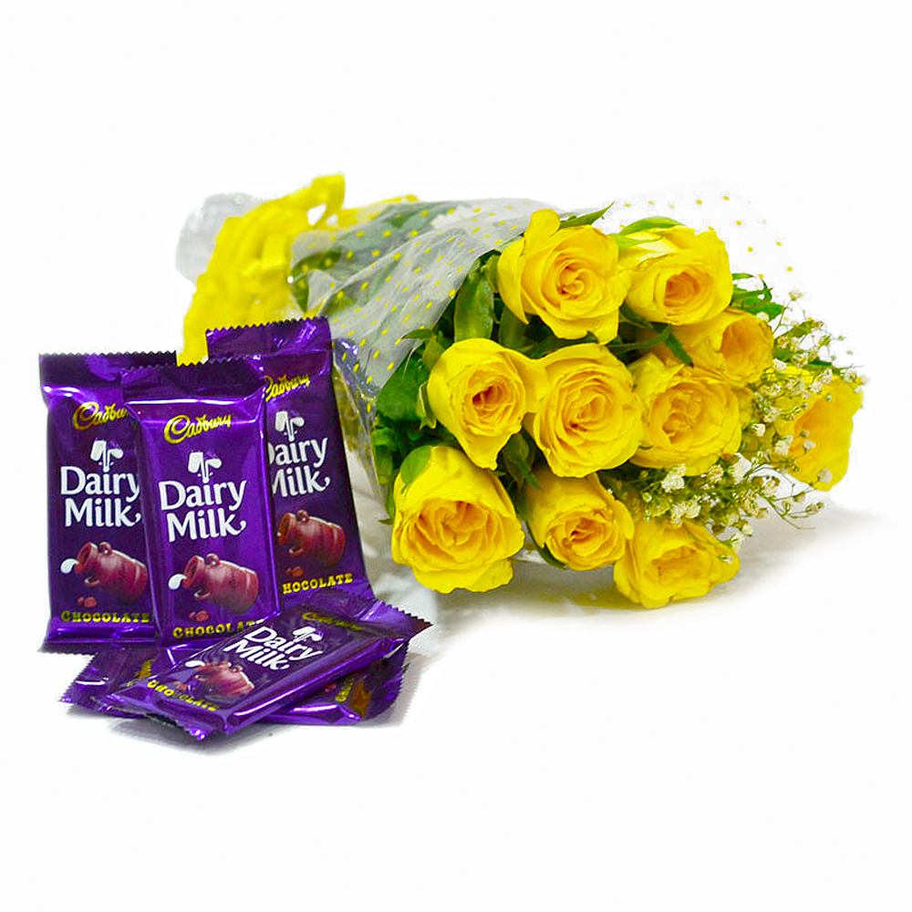 Bunch of Ten Yellow Roses with Cadbury Dairy Milk Chocolate Bars