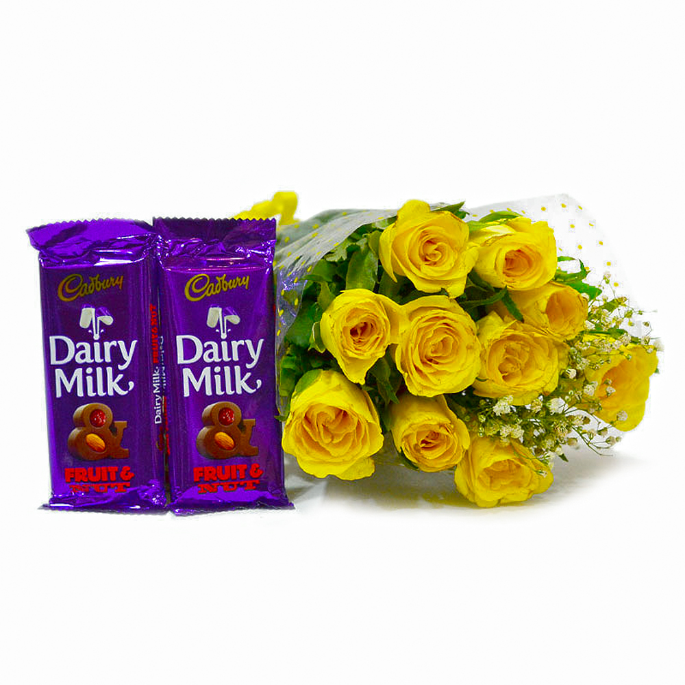 Bunch of Ten Friendly Yellow Roses with Bars of Cadbury Fruit N Nut Chocolates