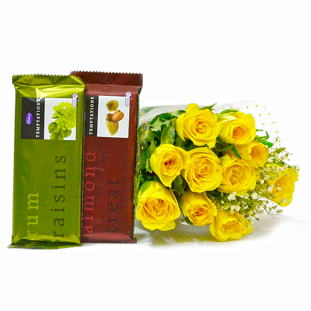 Ten Yellow Roses Bunch with Bars of Cadbury Temptation Chocolate