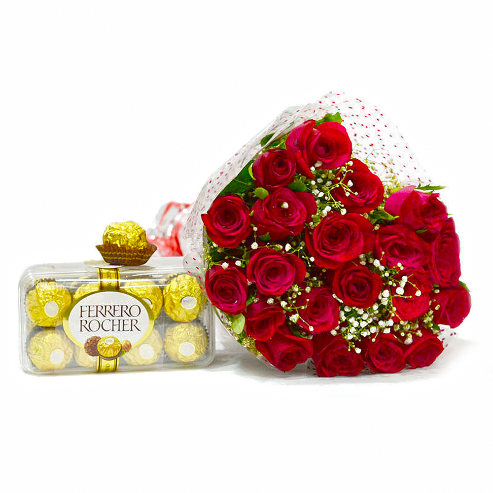 Bouquet of Twenty Red Roses with 16 pcs Ferrero Rocher Chocolates