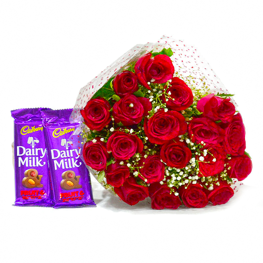 Bunch of 20 Red Roses with Mouthmelting Cadbury Fruit and Nut Chocolate Bars