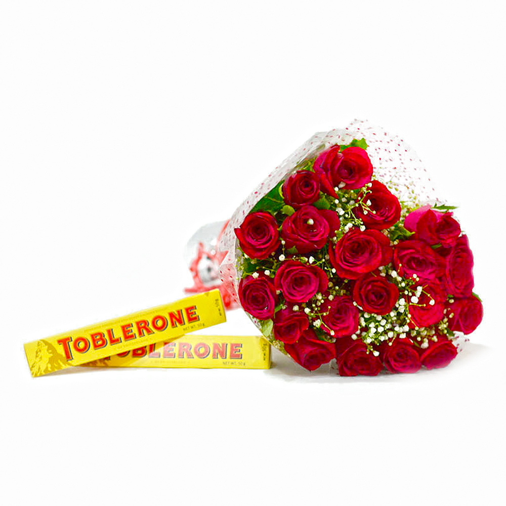 Hand Tied 20 Red Roses with Toblerone Chocolate Bars
