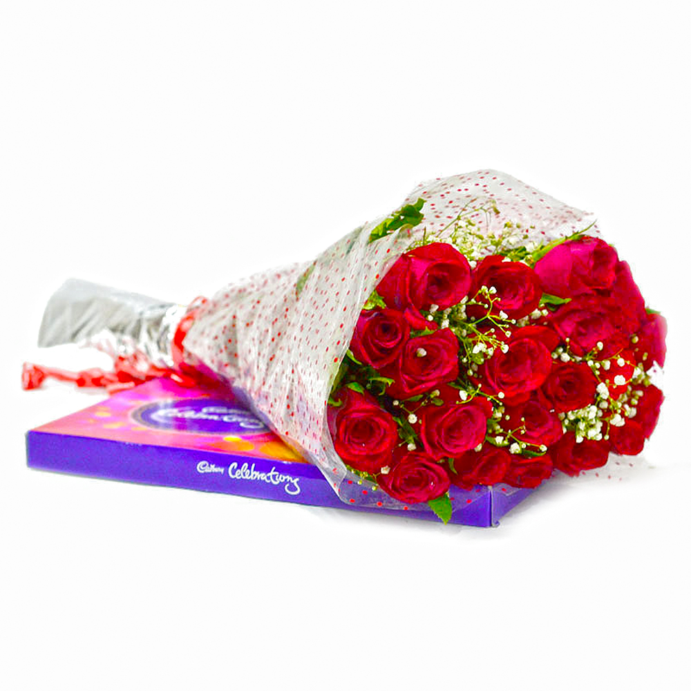 Bouquet of 20 Red Roses with Cadbury Celebration Chocolate Pack