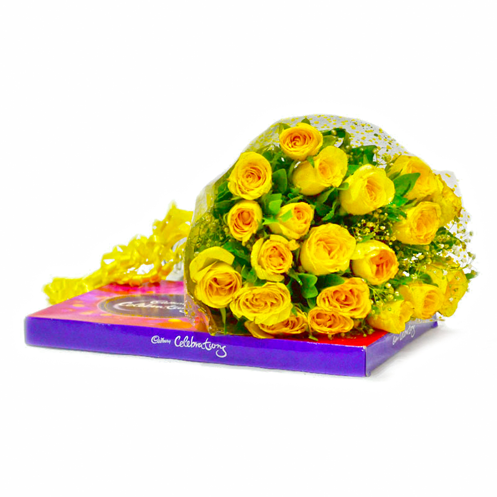 Bouquet of 20 Yellow Roses with Cadbury Celebration Chocolate Pack