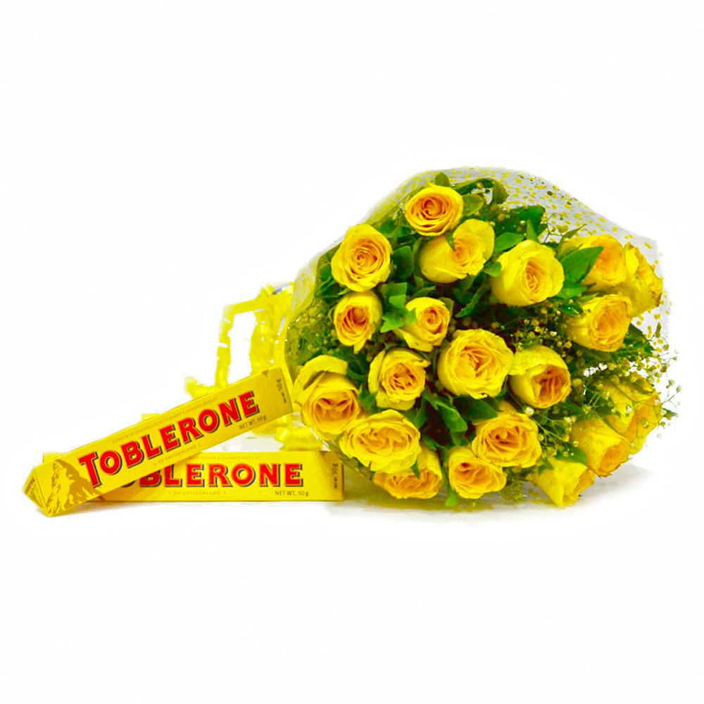 Hand Tied Bunch of Twenty Yellow Roses with Toblerone Chocolate Bars