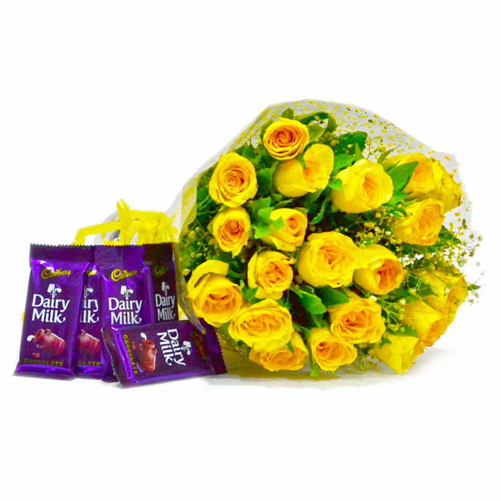 Bunch of 20 Yellow Roses with Bars of Cadbury Dairy Milk Chocolates