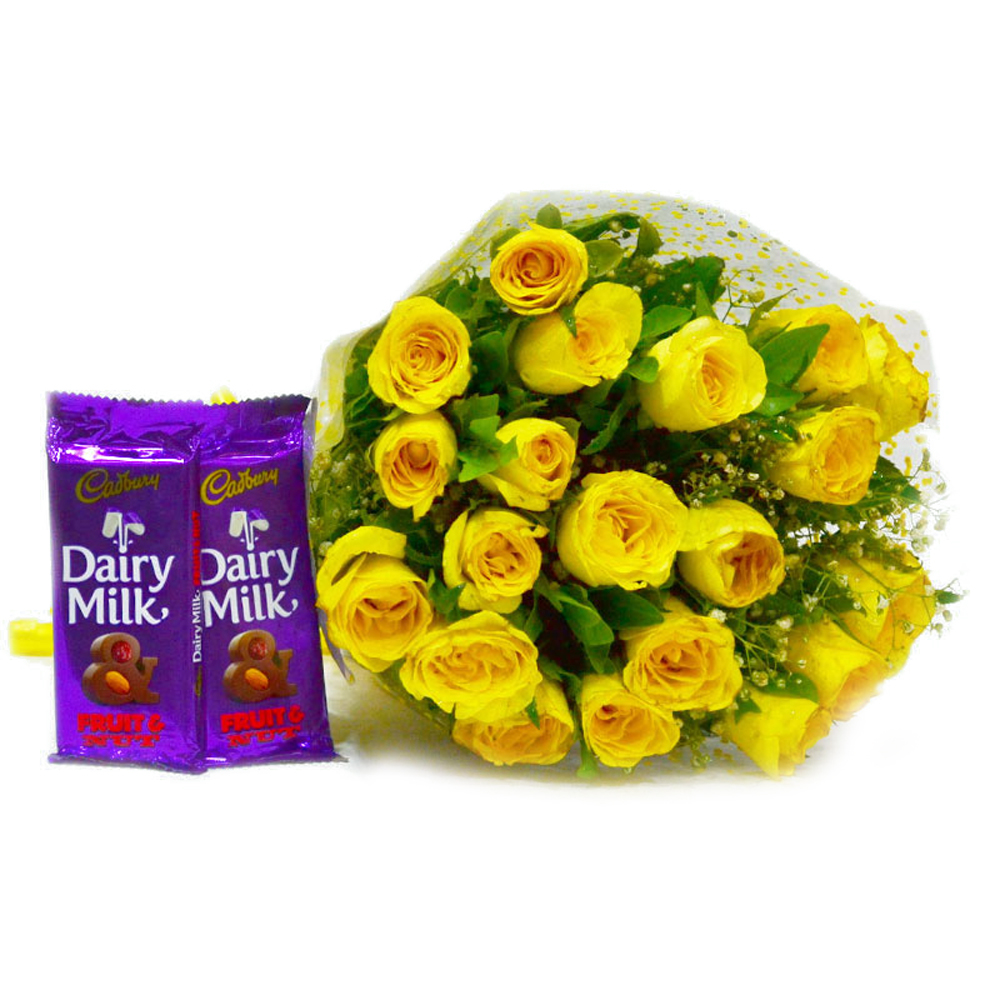 Bunch of Twenty Yellow Roses with Cadbury Fruit and Nut Chocolate Bars