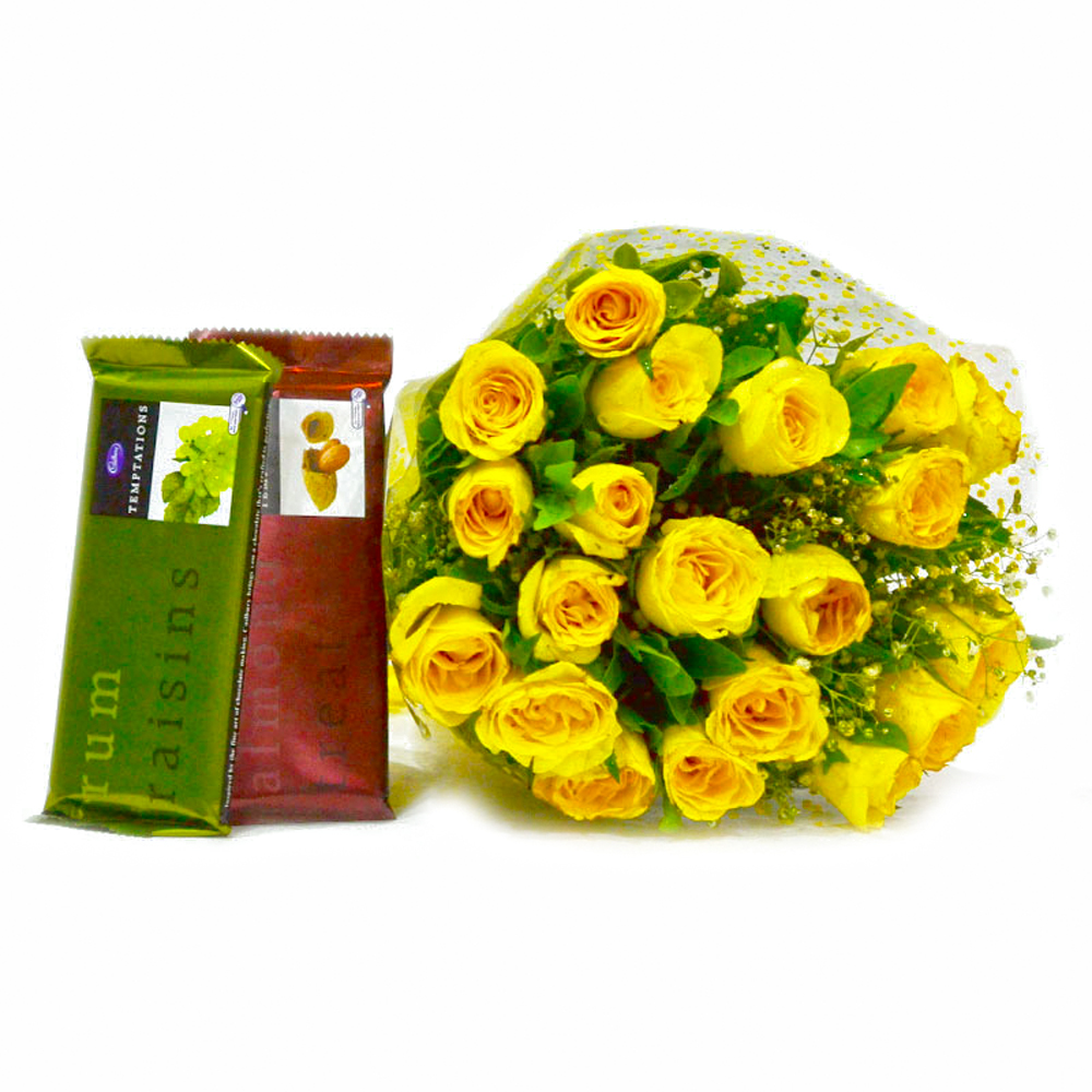 Hand Tied Bunch of Yellow Roses with Cadbury Temptation Chocolates