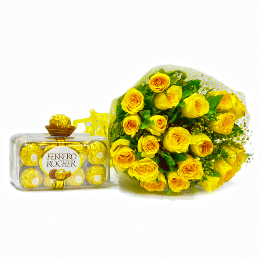 Bouquet of 20 Yellow Roses with 200 Gms Fererro Rocher Chocolate Box