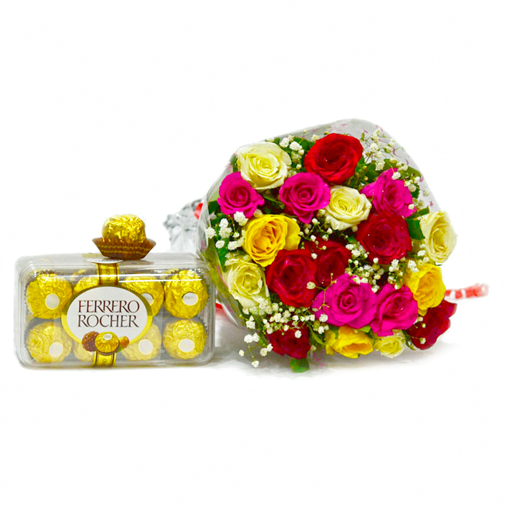 Bouquet of 20 Mix Roses with 200 Gms Fererro Rocher Chocolate Box