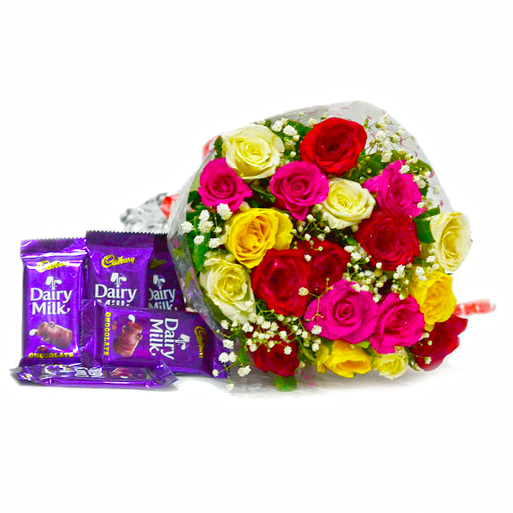 Bunch of Tewnty Colourful Roses with Bars of Cadbury Dairy Milk Chocolates