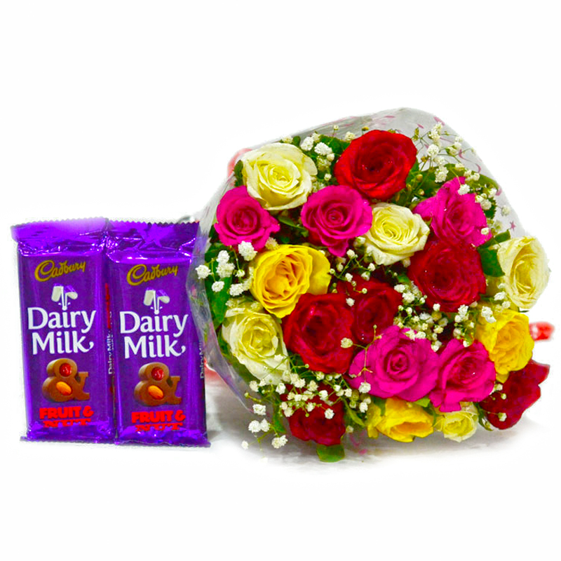 Bunch of 20 Assorted Roses with Bars of Cadbury Fruit N Nut Chocolates