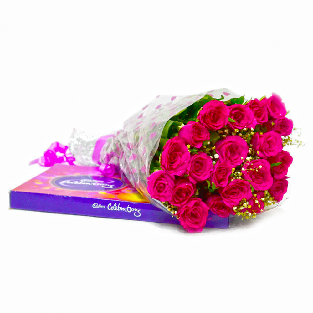 Bouquet of Twenty Pink Roses with Cadbury Celebration Chocolate Pack