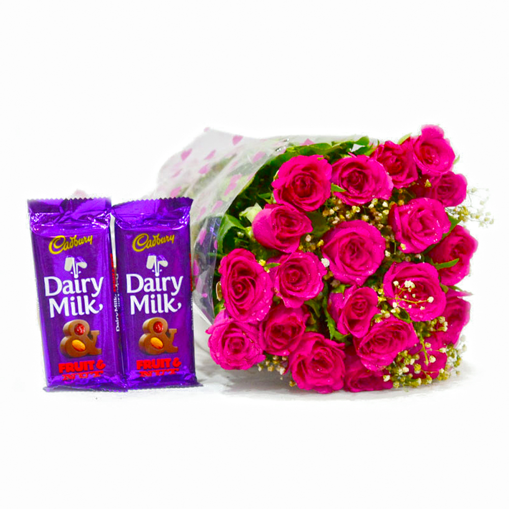 Bunch of 20 Pink Roses with Cadbury Fruit and Nut Chocolate Bars
