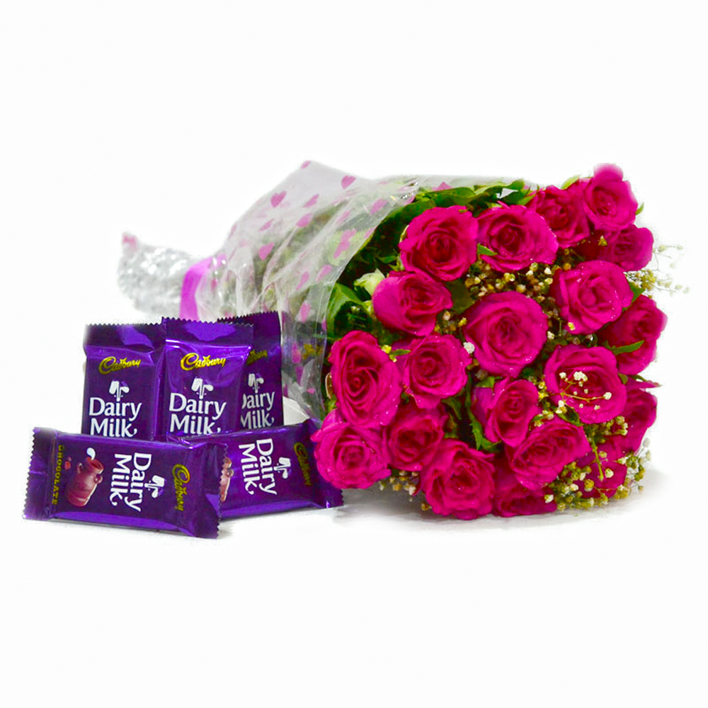 Bouquet of 20 Pink Roses with Five Cadbury Dairy Milk Chocolate
