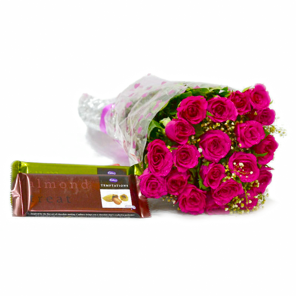 Twenty Pink Roses Bunch with Cadbury Temptation Chocolate Bars