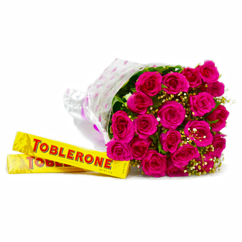 Hand Tied Bunch of 20 Pink Roses with Toblerone Chocolate Bars