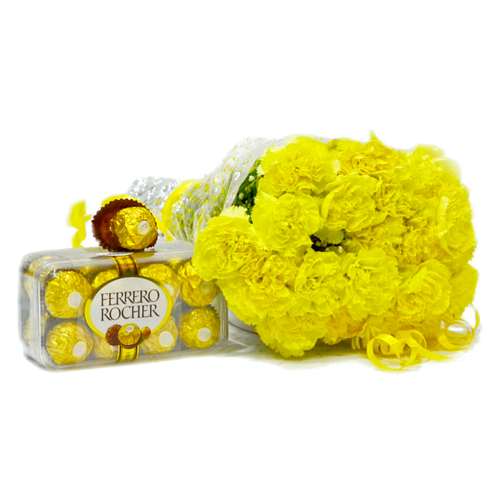 Bunch of 20 Yellow Carnations with Ferrero Rocher Imported Chocolate Box