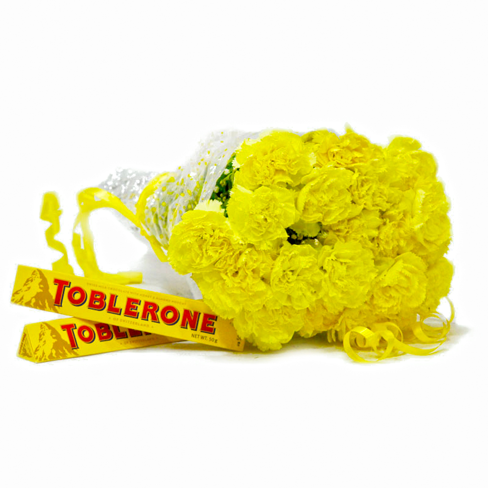 Hand Tied Bunch 20 Yellow Carnations with Toblerone Chocolate Bars