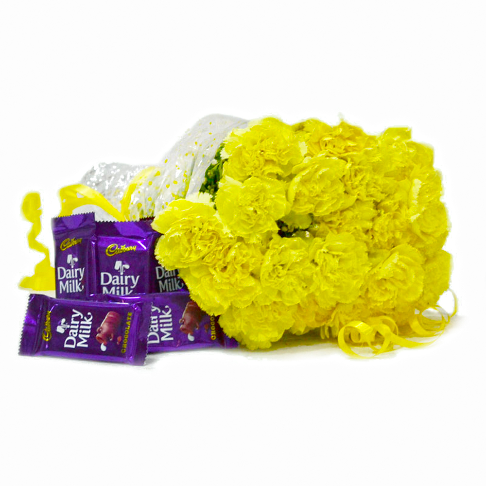 20 Yellow Carnation Bouquet with Bars of Cadbury Dairy Milk Chocolates