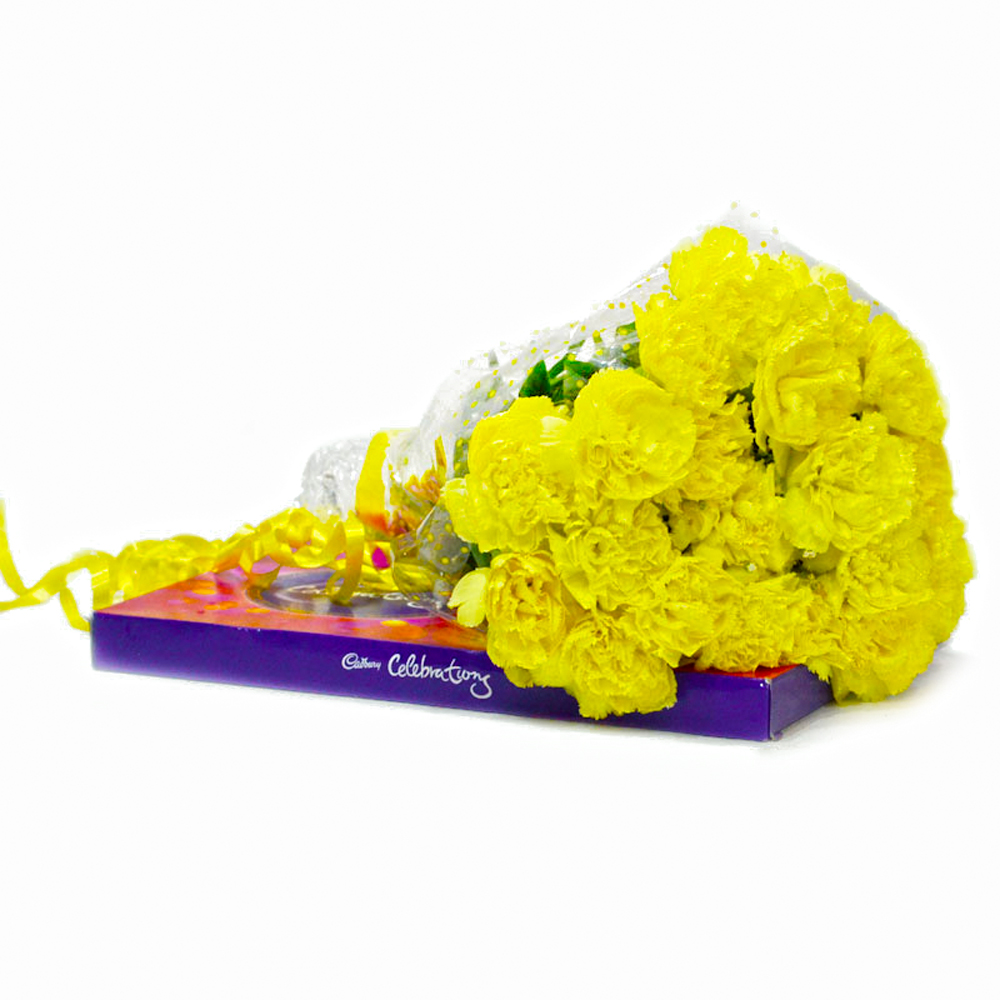 Bouquet of Twenty Yellow Carnations with Cadbury Celebration Chocolate Box