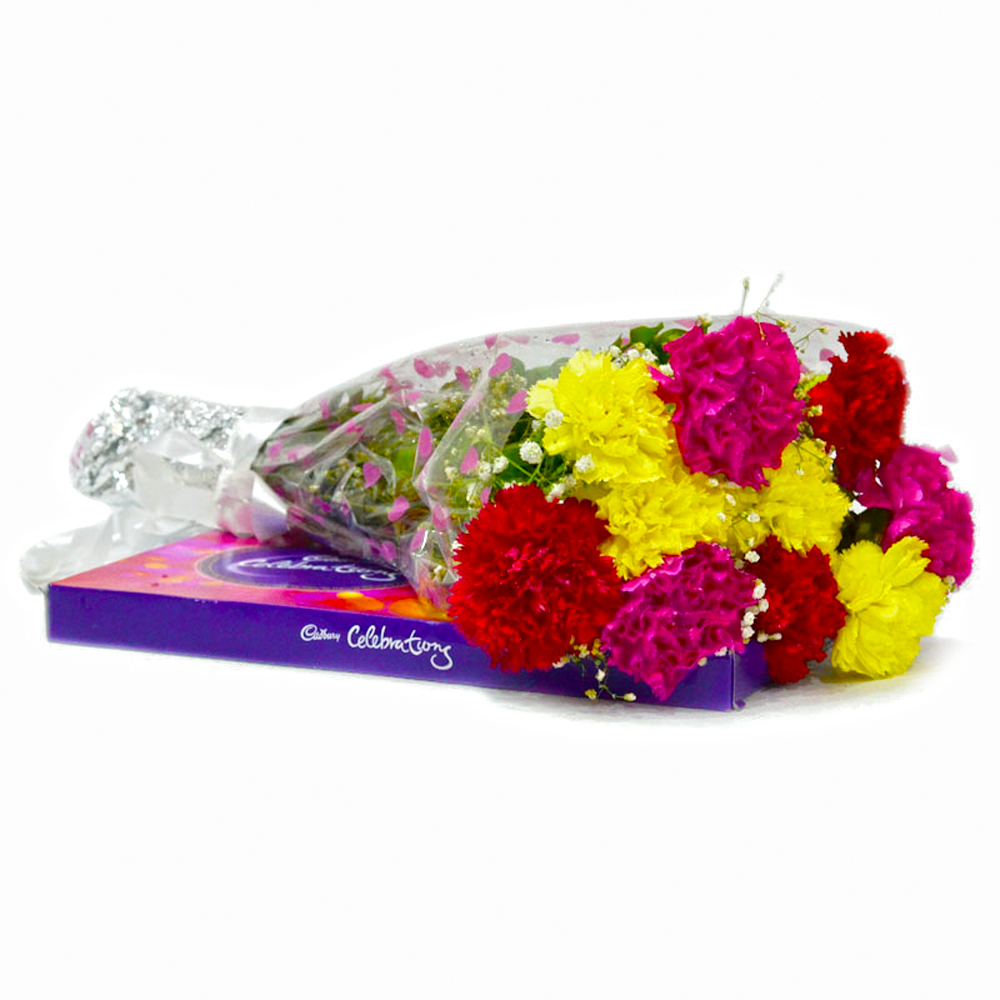 Bunch of Ten Mix carnations with Cadbury Celebration Chocolate Box