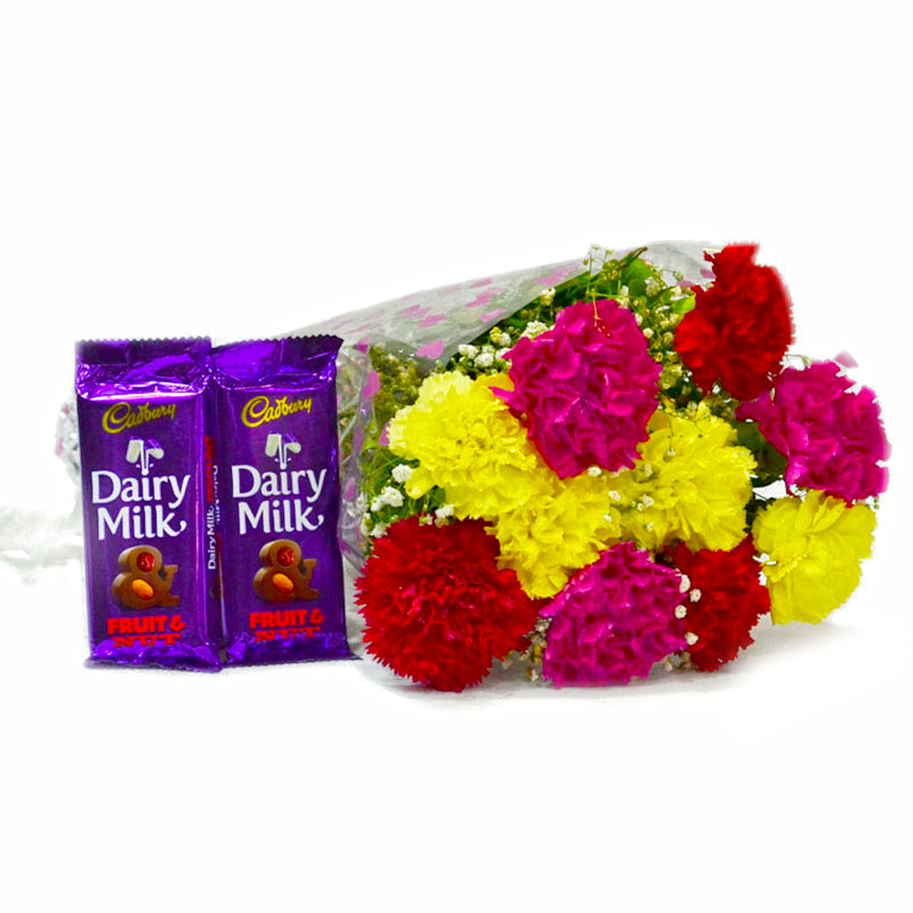 Bouquet of Assorted Carnations with Cadbury Fruit and Nut Chocolate Bars