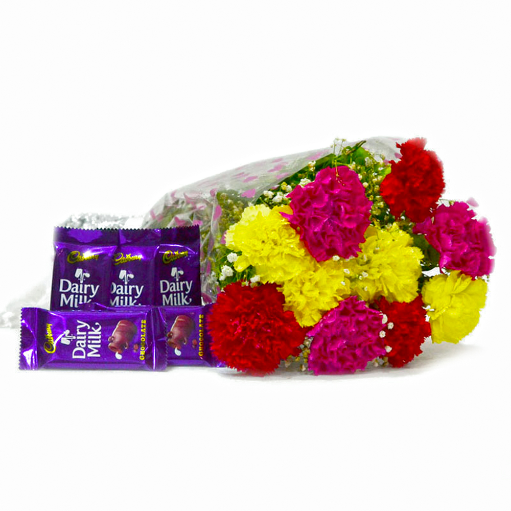 Ten Colourfull Carnations Bouquet with Bars of Cadbury Dairy Milk Chocolates