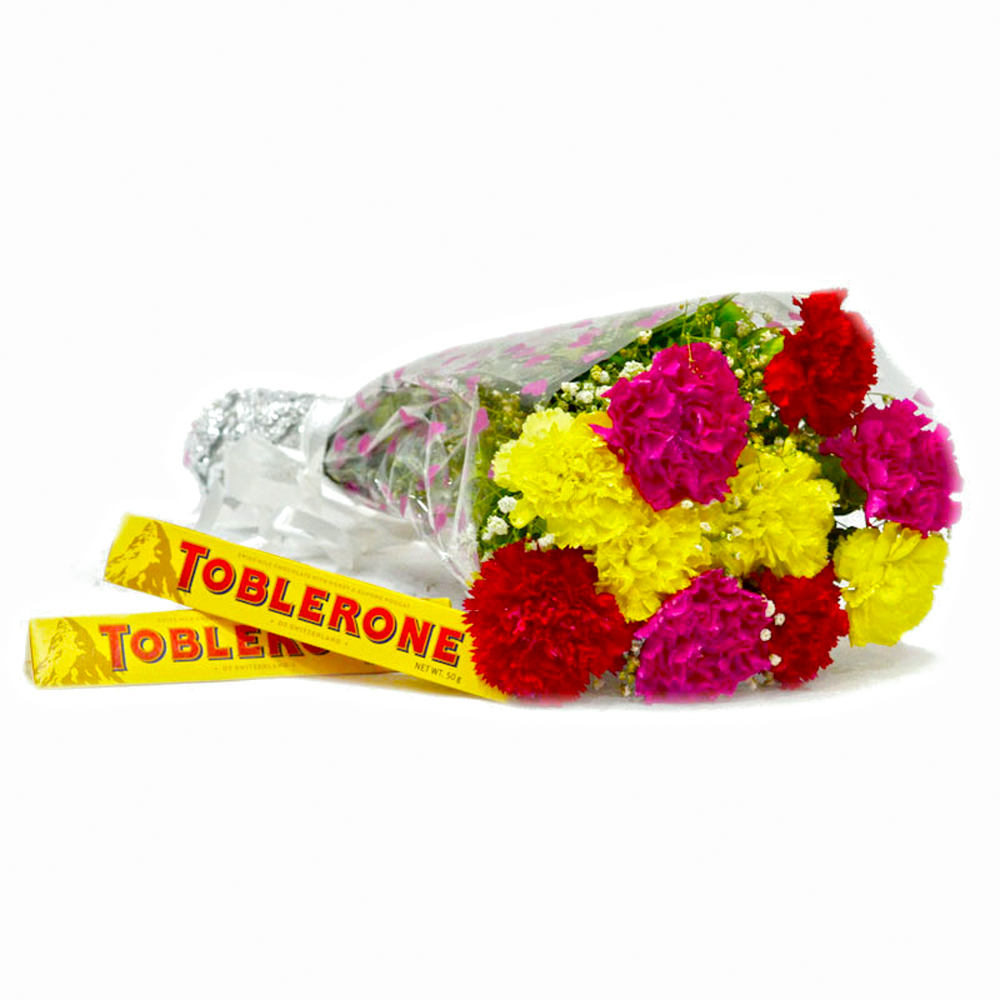 Hand Tied Bunch 10 Assorted Colour Carnation with Toblerone Chocolate Bars