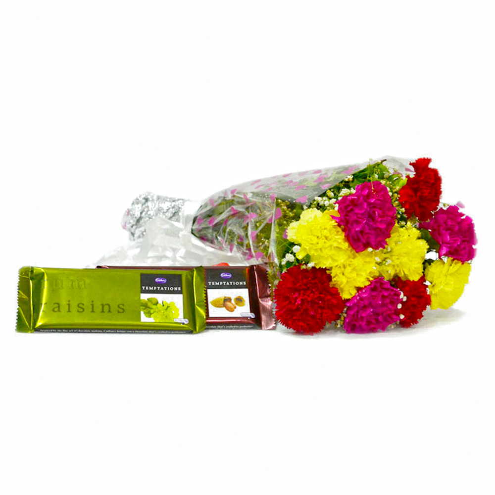 Ten Mix Carnation Boquet with Cadbury Temptation Chocolates