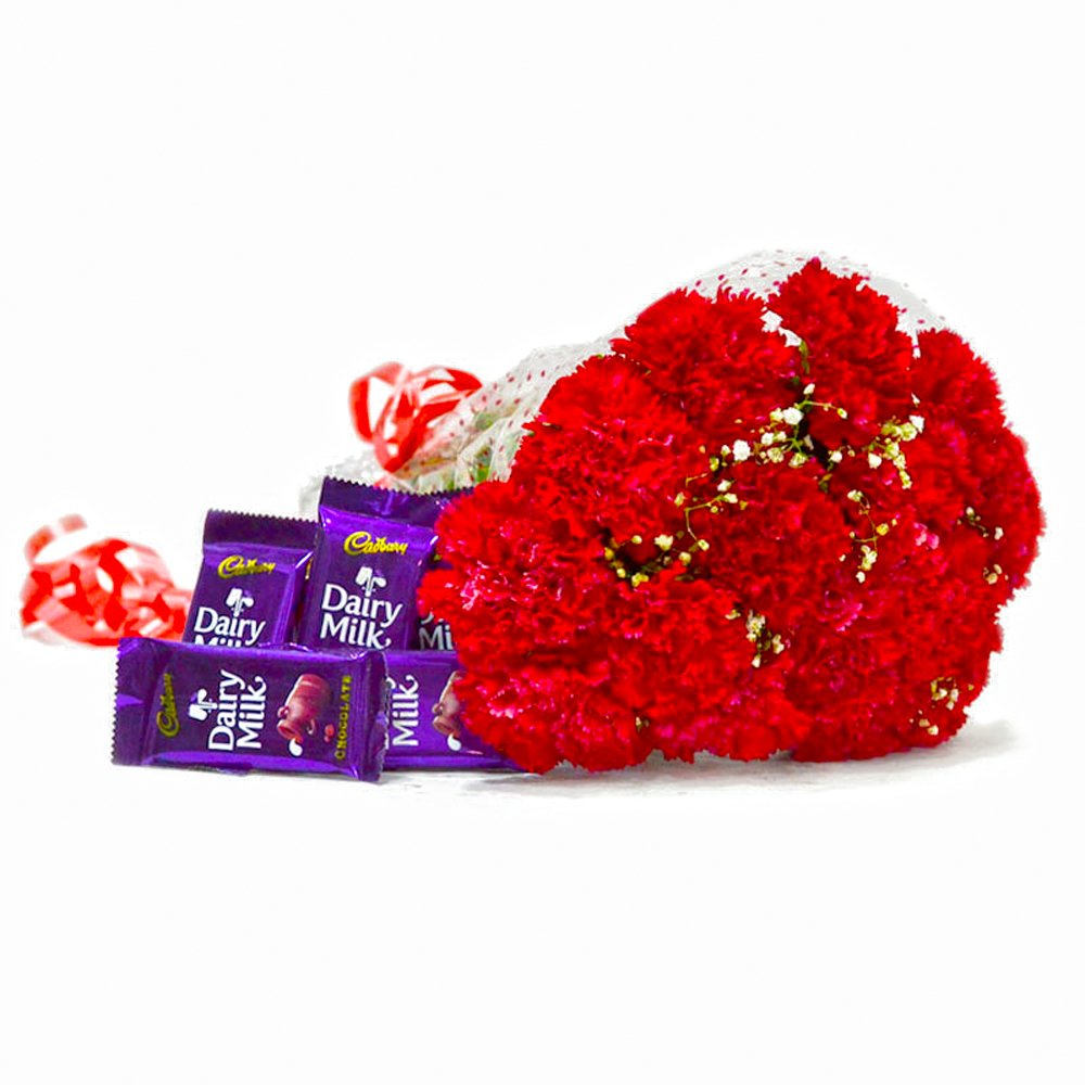 Fifteen Red Carnation with Bars of Cadbury Dairy Milk Chocolates