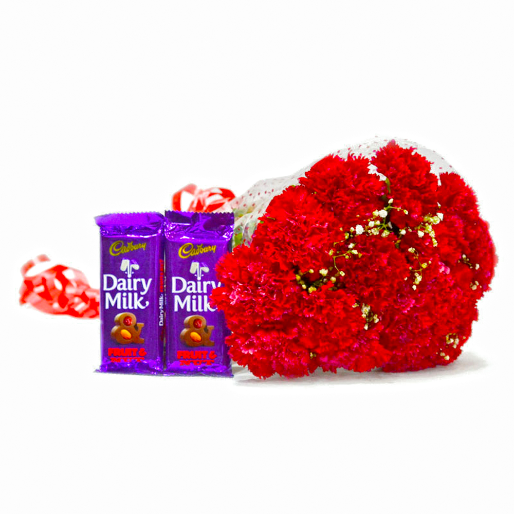 Hand Tied Red Carnations with Cadbury Dairy Milk Fruit N Nut Bars