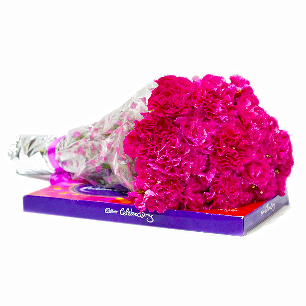 Bunch of 20 Pink Carnations with Cadbury Celebration Chocolate Box