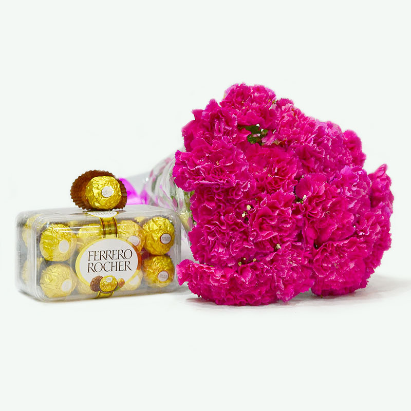 Twenty Pink Carnations with Ferrero Rocher Imported Chocolate Box