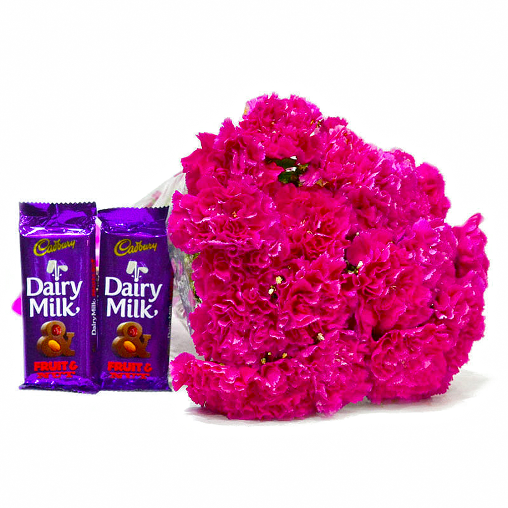 Perfect Pink Carnations Bouquet and Cadbury Dairy Milk Fruit N Nut Chocolate Bars