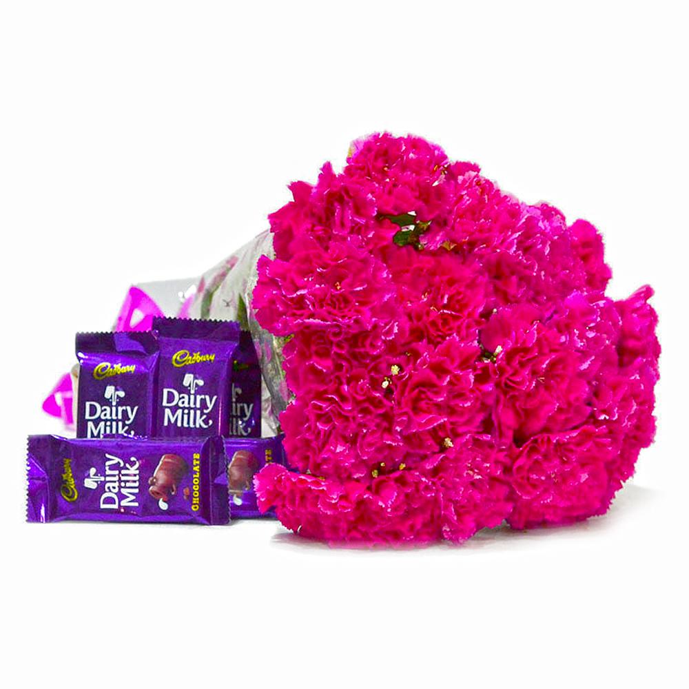 Twenty Pink Carnations Bouquet with Cadbury Dairy Milk Chocolates