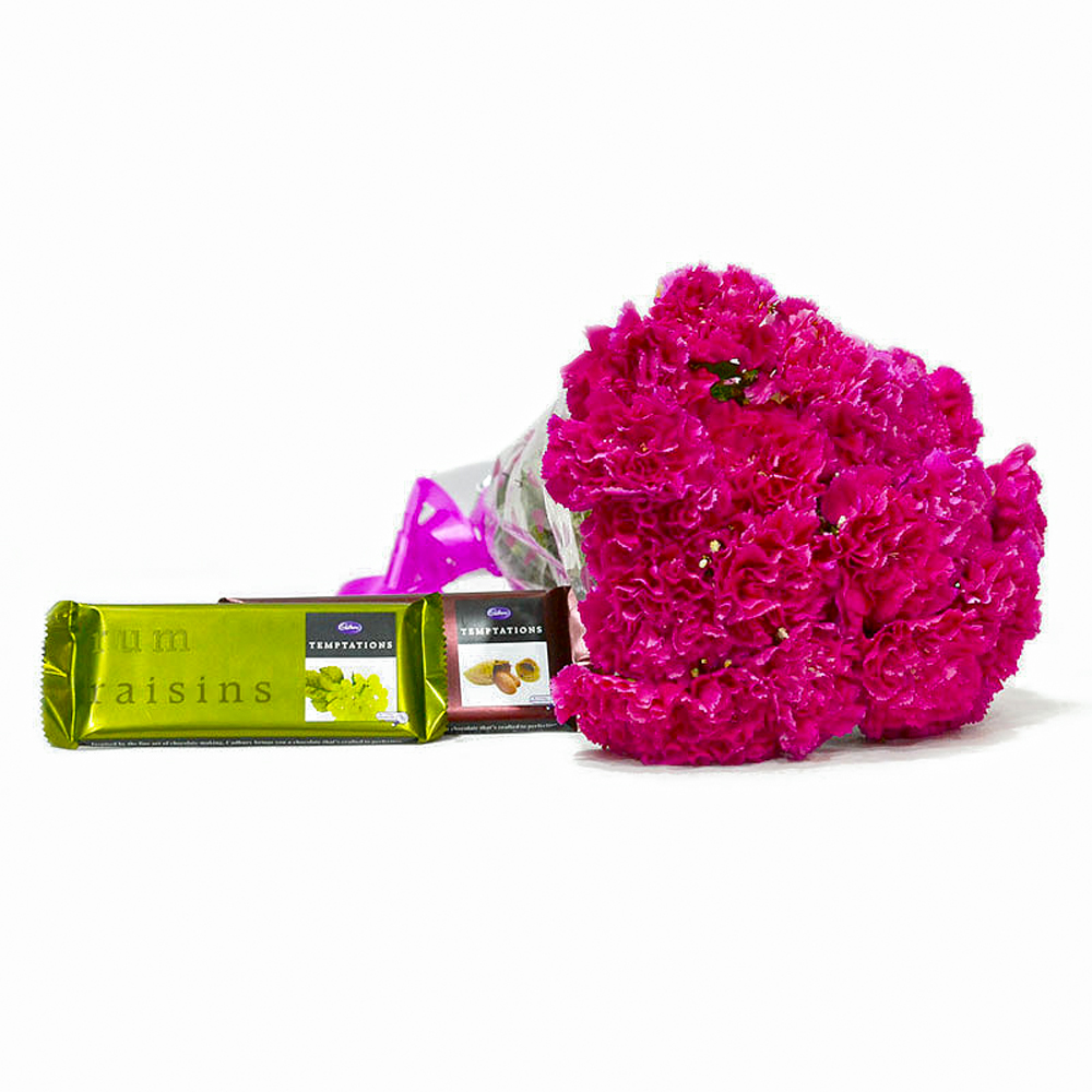Lovely 20 Pink Carnations Bouquet with Cadbury Temptation Chocolates