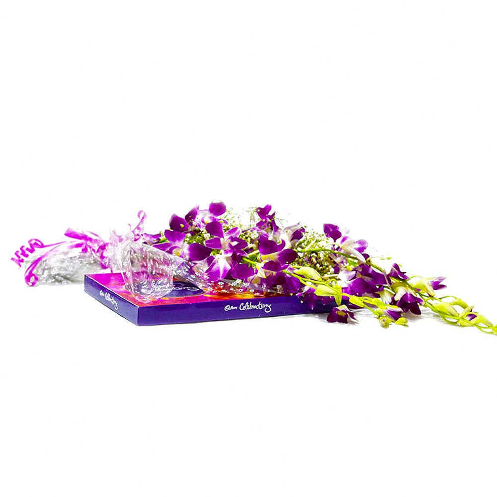 Purple Orchids with Cadbury Celebration Chocolate Box