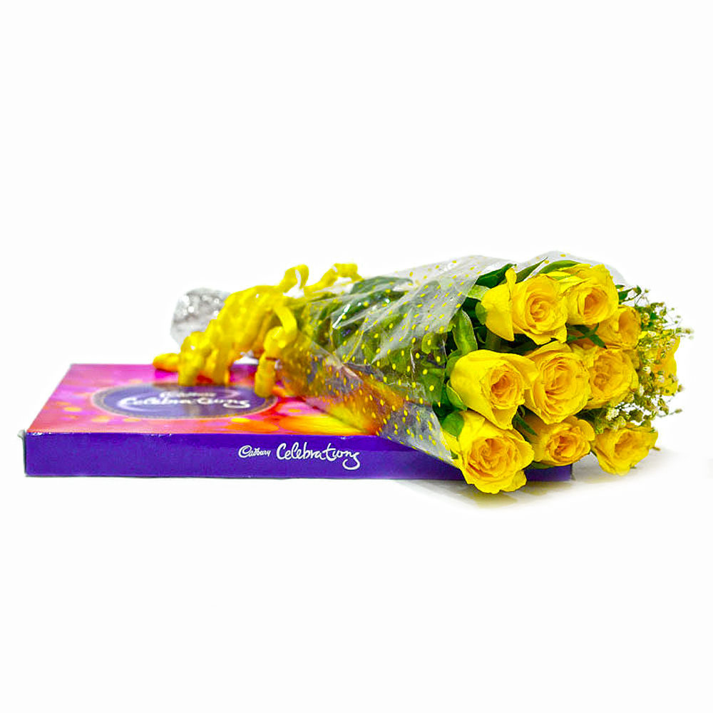 Ten Yellow Roses Bouquet and Cadbury Celebration Chocolate Box