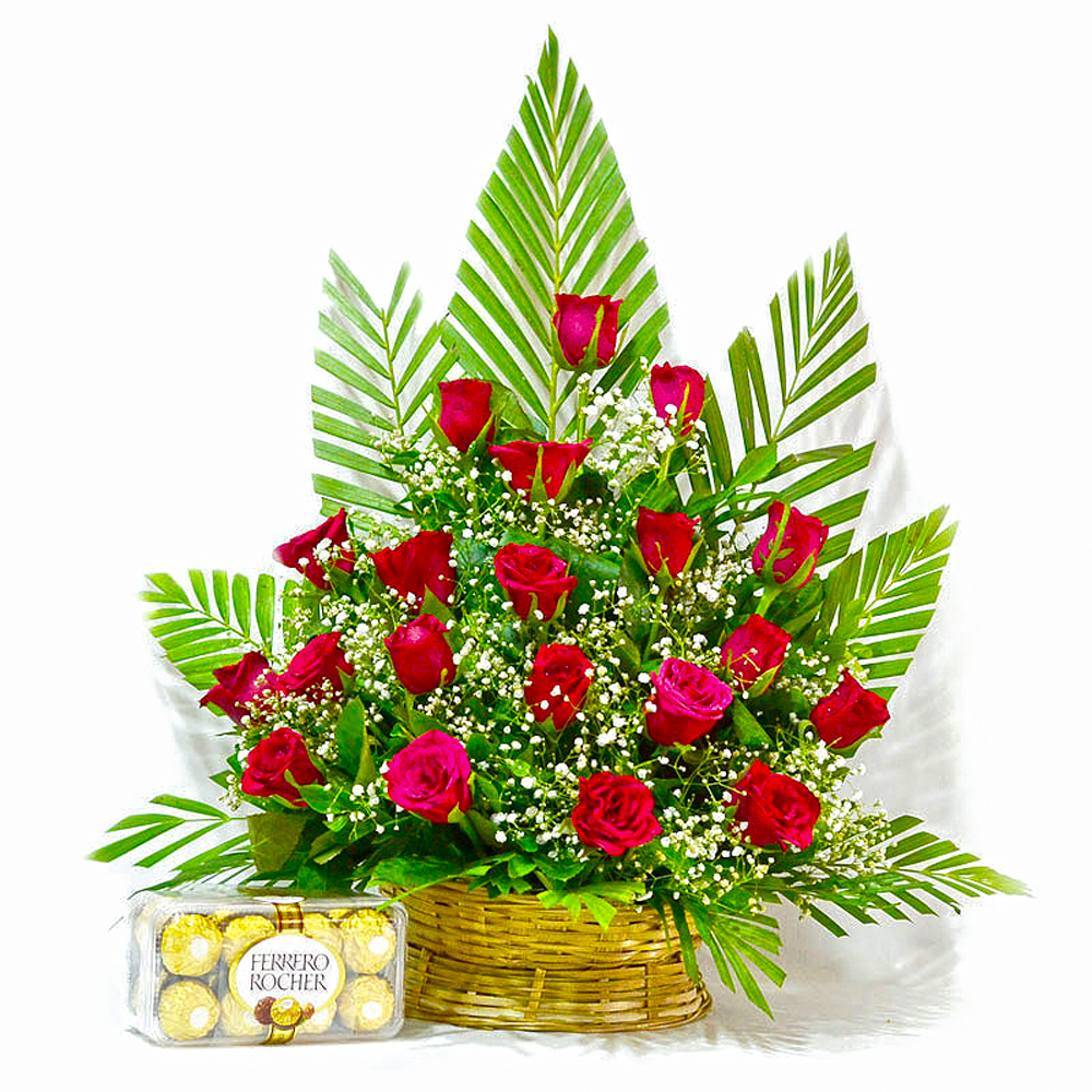 Basket Arrangement of Red Roses with Ferrero Rocher Chocolate Box