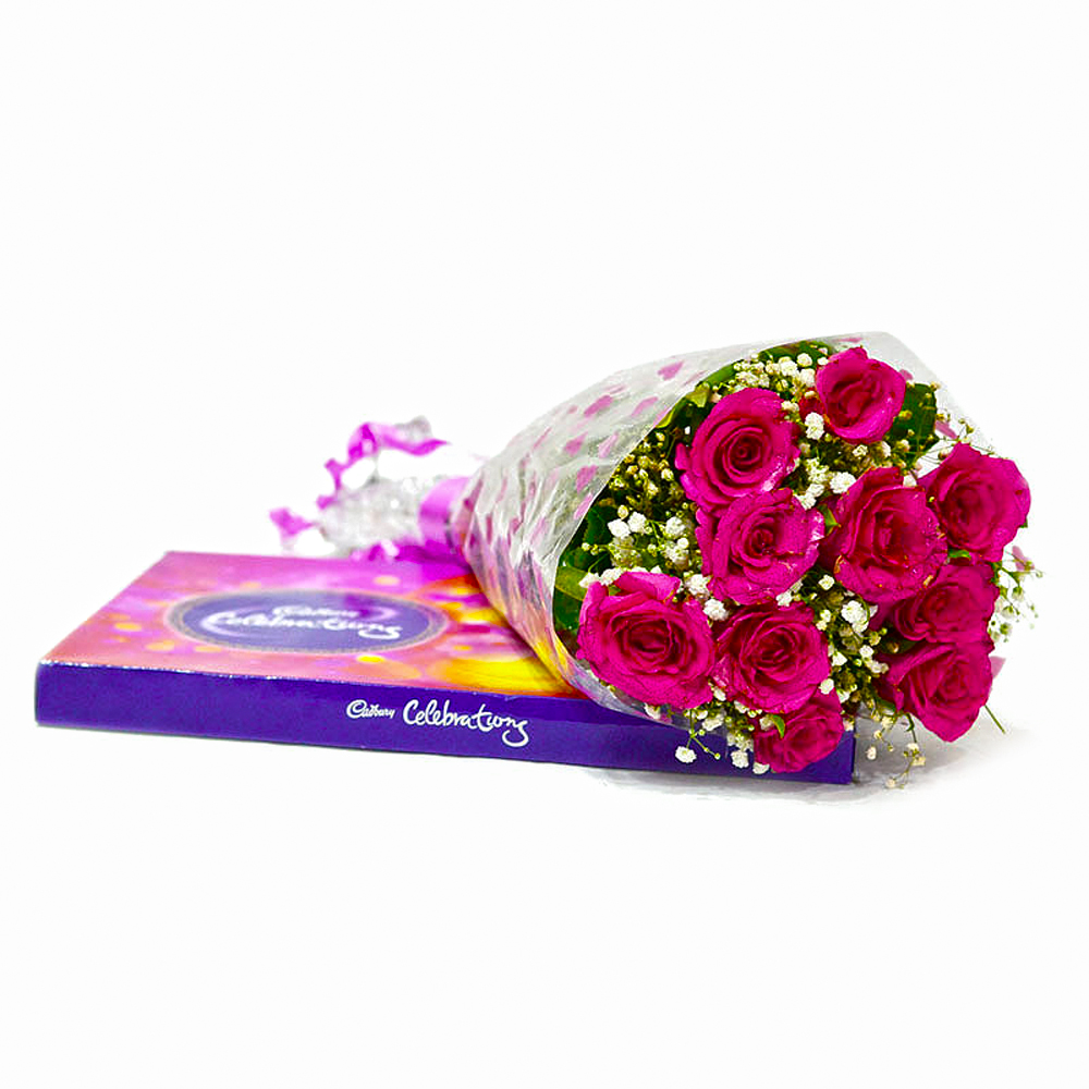 Bunch of 10 Pink Roses with Celebration Chocolate Box