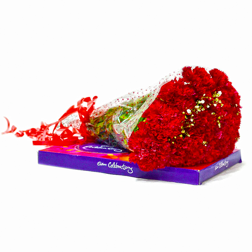 Ten Red Carnations Bouquet with Cadbury Celebration Chocolate Box