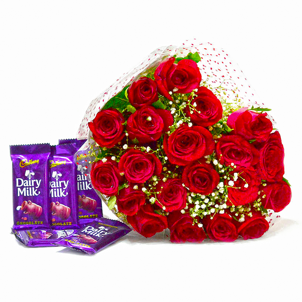 Bunch of Twenty Red Roses with Five Cadbury Dairy Milk Chocolate Bars