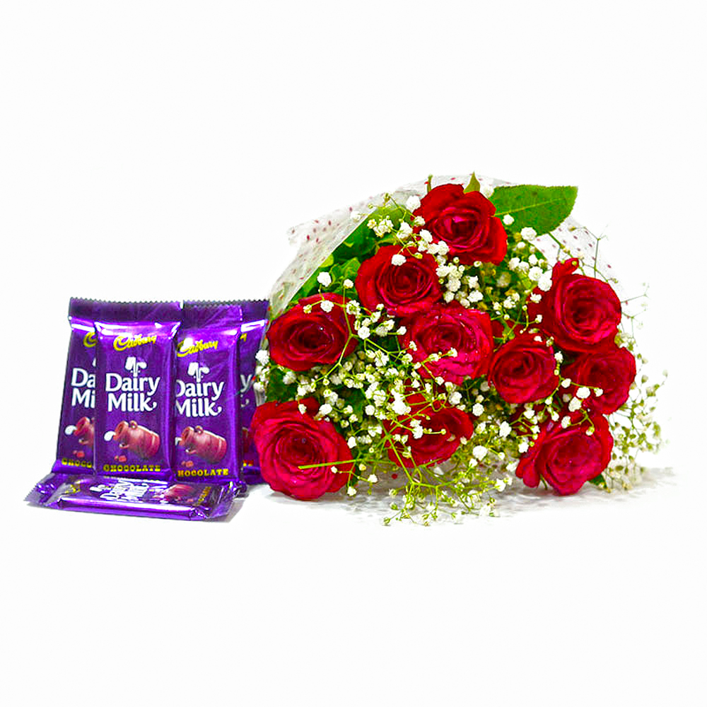Lovely 10 Red Roses with Five Cadbury Dairy Milk Chocolate Bars