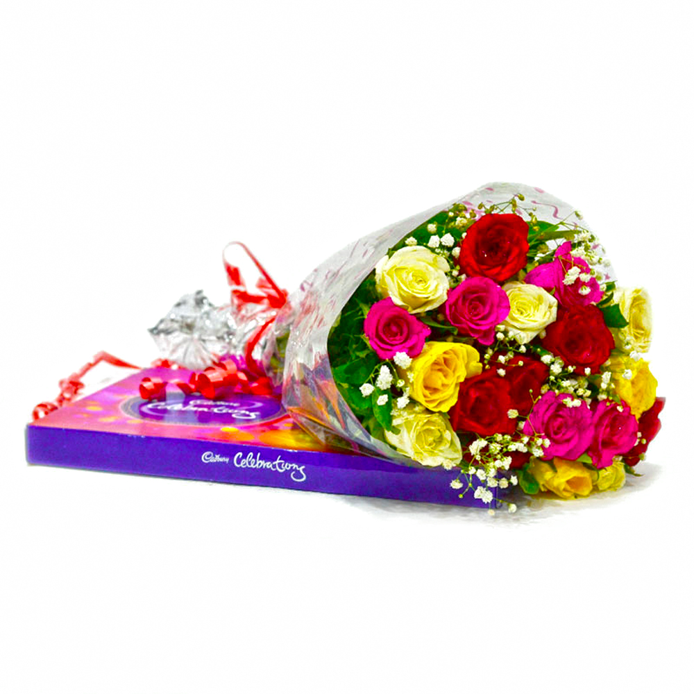 Twenty Assorted Rose Bouquet with Cadbury Celebration Chocolate Box