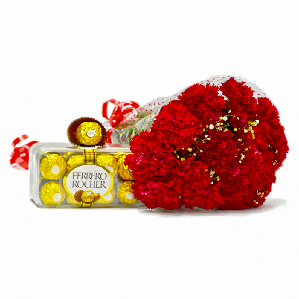 Fifteen Red Carnations Boquet with Ferrero Rocher Chocolate Box