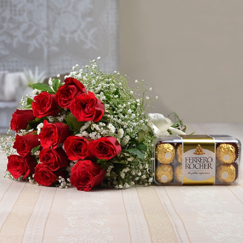 Ferrero Rocher Chocolates with Fresh Twelve Red Roses Bouquet